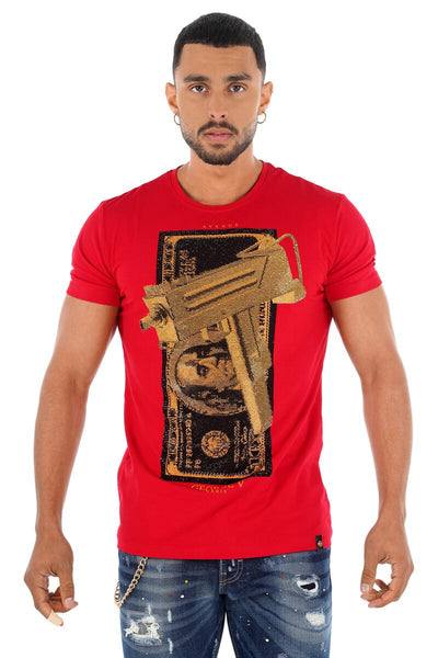 Men George V Red Cash Uzi Glittery Tshirt