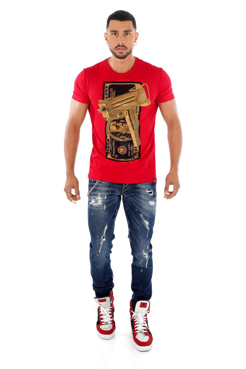 Men George V Red Cash Uzi Glittery Tshirt