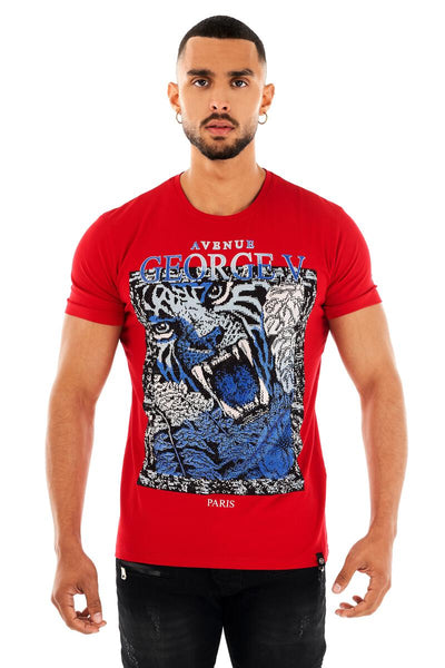 Men George V Red Tiger Face Glittery Tshirt