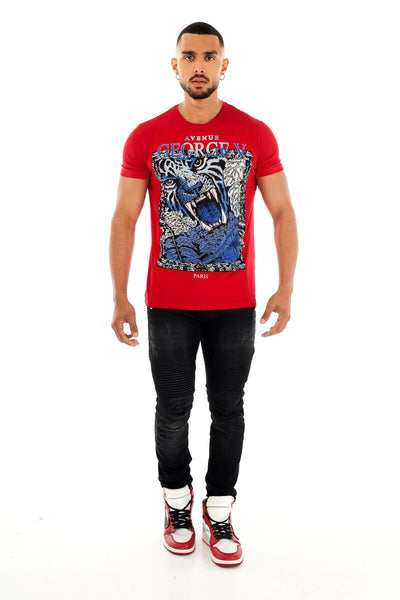 Men George V Red Tiger Face Glittery Tshirt