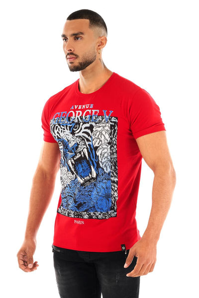 Men George V Red Tiger Face Glittery Tshirt