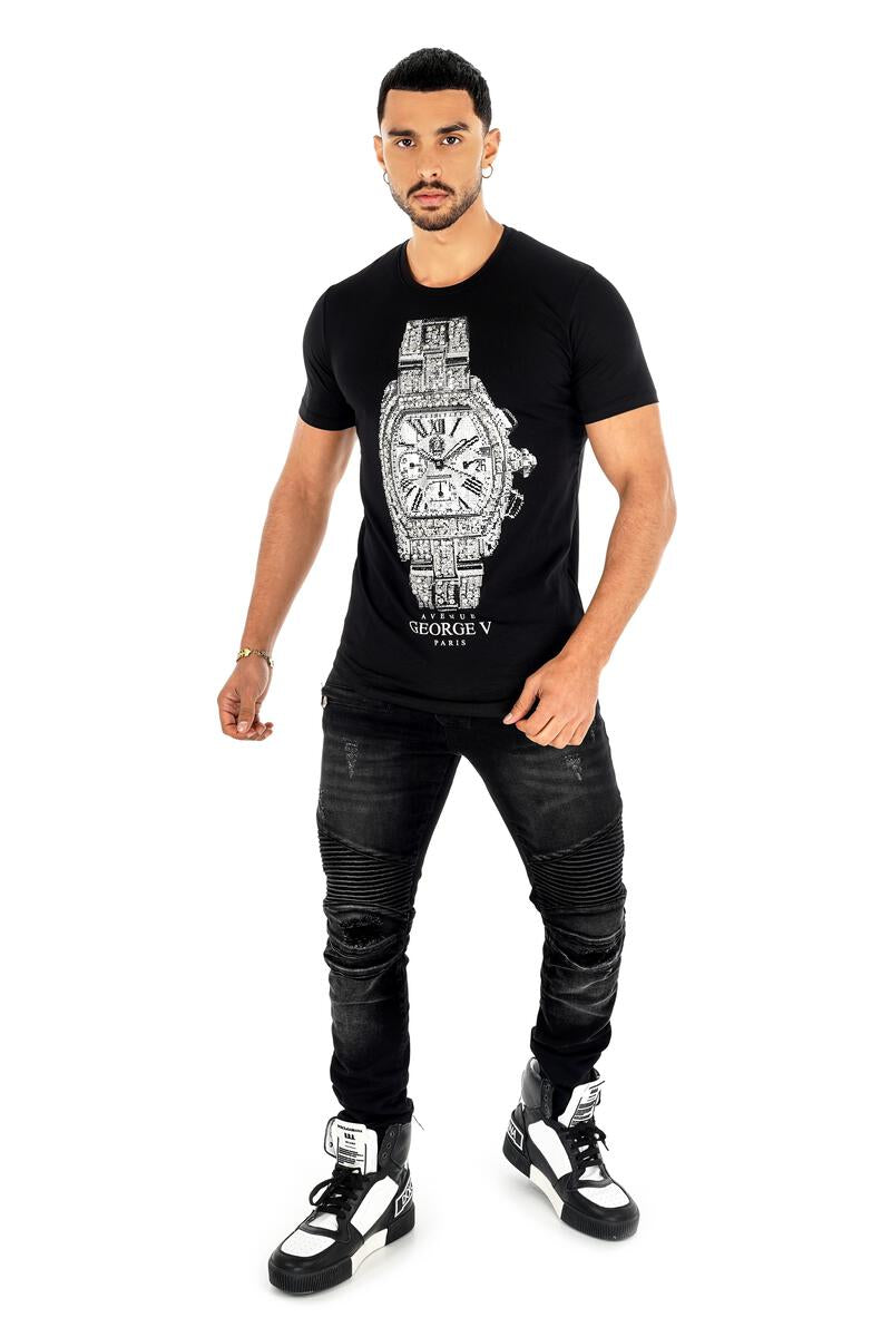 Men George V Black Timeless Glittery Tshirt