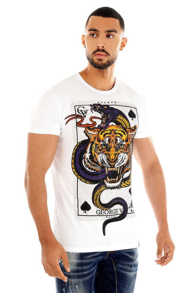 Men George V White Cobra Tiger Card Glittery Tshirt