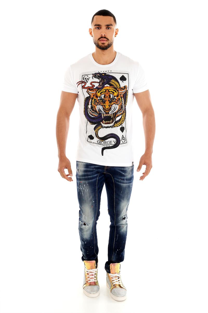 Men George V White Cobra Tiger Card Glittery Tshirt