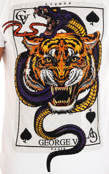 Men George V White Cobra Tiger Card Glittery Tshirt