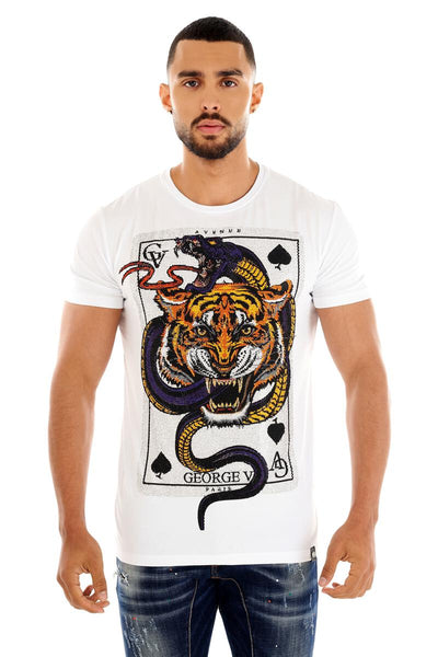 Men George V White Cobra Tiger Card Glittery Tshirt