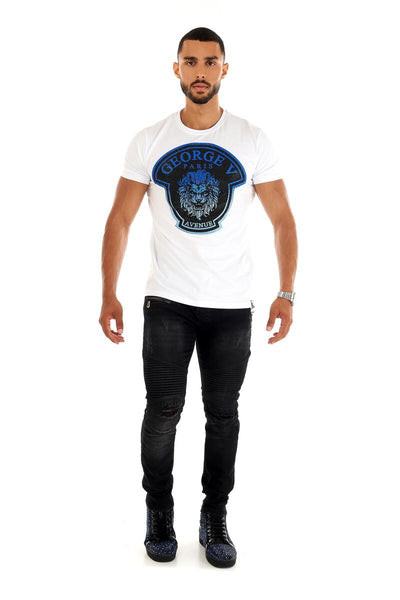 Men George V White GV Blue Lion Head Glittery Tshirt