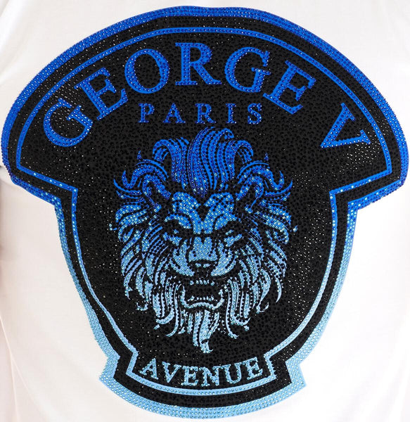 Men George V White GV Blue Lion Head Glittery Tshirt