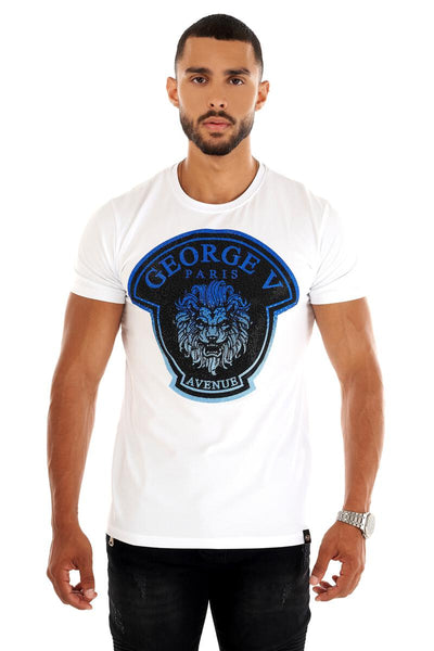 Men George V White GV Blue Lion Head Glittery Tshirt