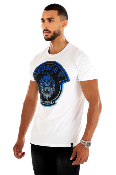 Men George V White GV Blue Lion Head Glittery Tshirt