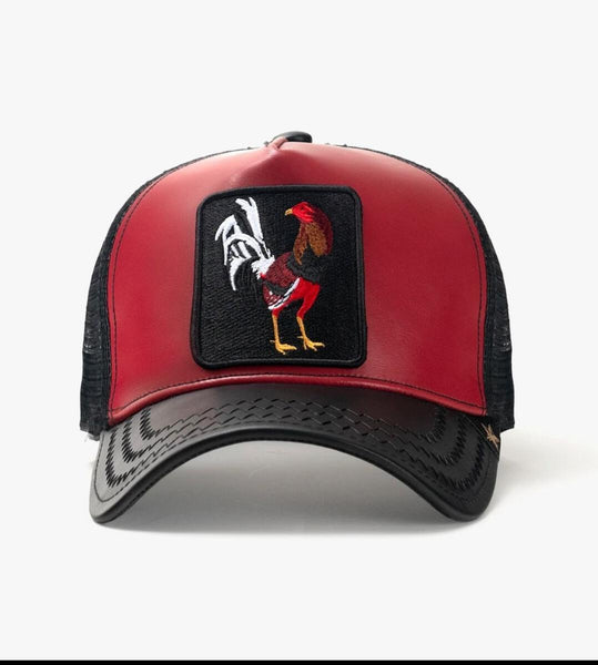 Red/ Black Leather Rooster Trucker Hat