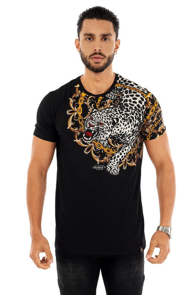 Men George V Black Silver Shoulder Tiger Glittery Tshirt