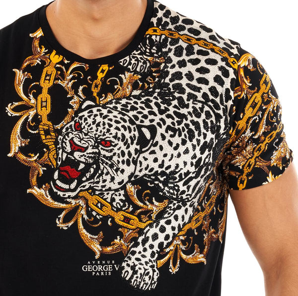 Men George V Black Silver Shoulder Tiger Glittery Tshirt