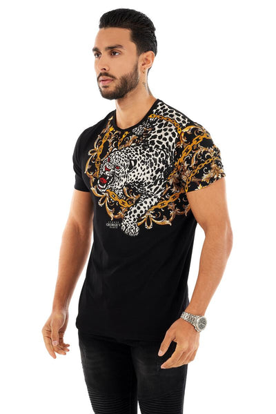 Men George V Black Silver Shoulder Tiger Glittery Tshirt