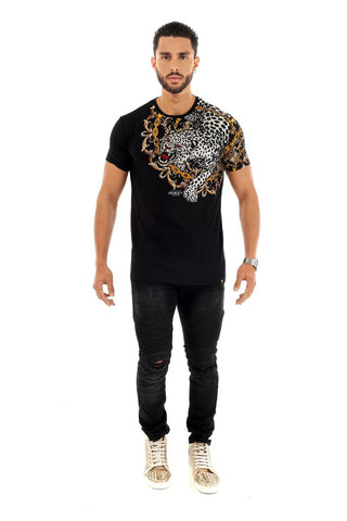 Men George V Black Silver Shoulder Tiger Glittery Tshirt