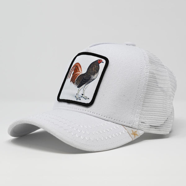 Men Gold Star Rooster rooster all white Trucker hat