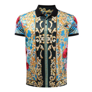 MEN BLUE CHAINS & FLOWERS BAROCCO POLO SHIRT