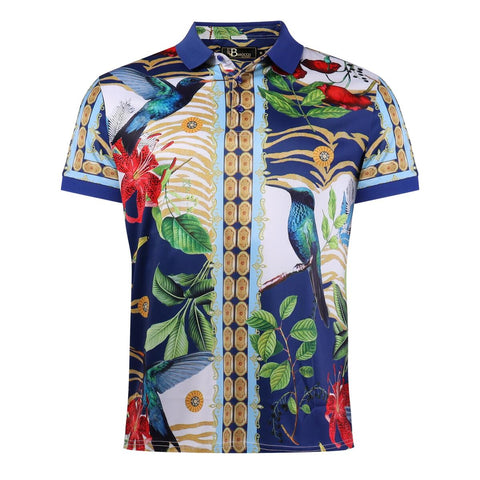 MEN BLUE MOCKING BIRD & FLOWERS BAROCCO POLO SHIRT