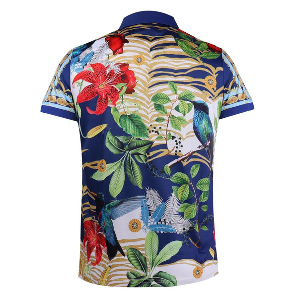 MEN BLUE MOCKING BIRD & FLOWERS BAROCCO POLO SHIRT