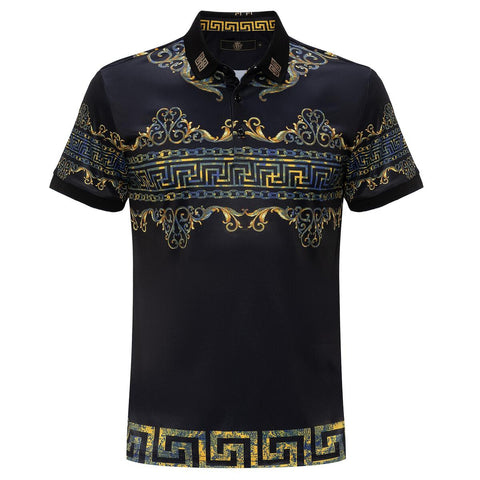 MEN BLACK GLITTER COLLARD GOLD WAVE EL BARON POLO SHIRT