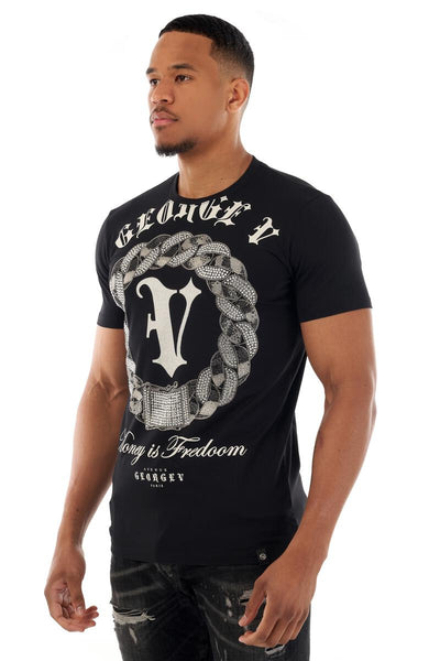 MEN GEORGE V BLACK/ SILVER MONEY IS FREEDOM GLITTERY TSHIRT