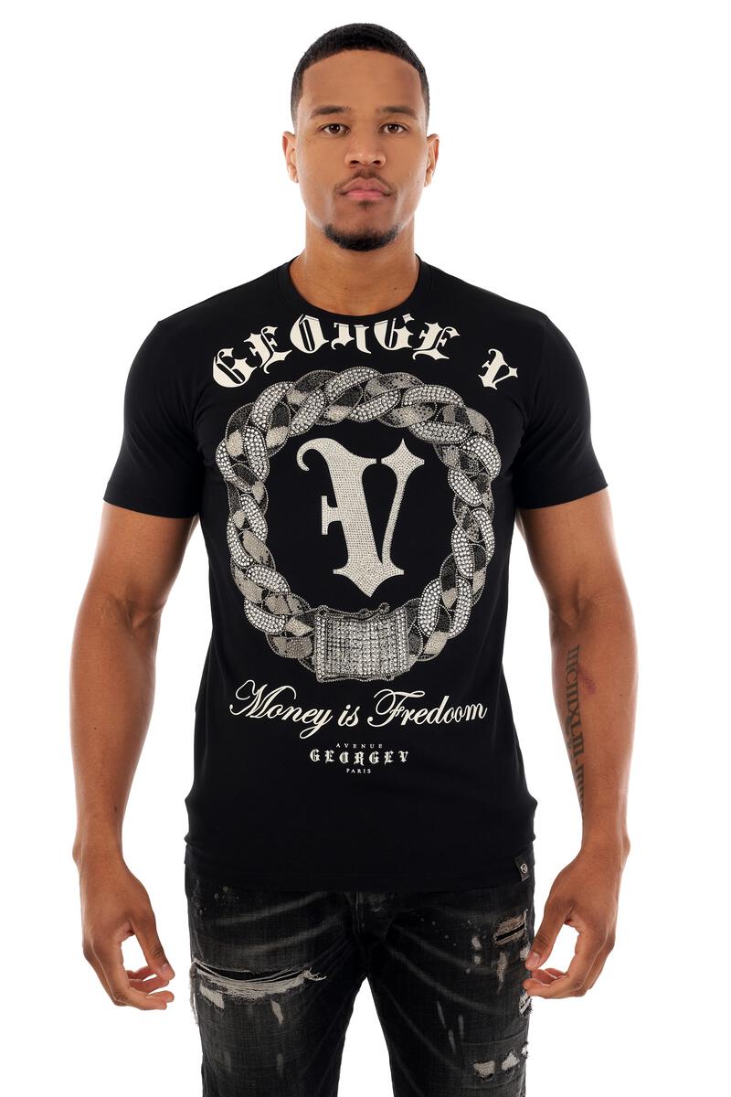 MEN GEORGE V BLACK/ SILVER MONEY IS FREEDOM GLITTERY TSHIRT