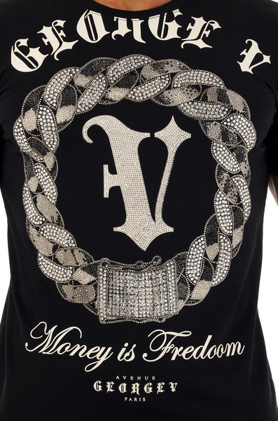 MEN GEORGE V BLACK/ SILVER MONEY IS FREEDOM GLITTERY TSHIRT