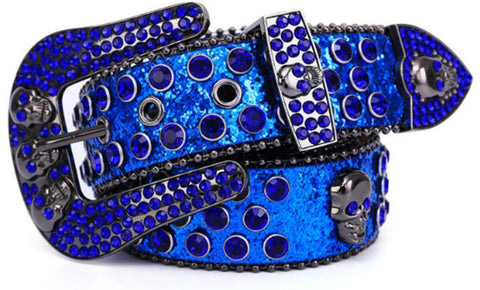 MEN MATALLIC BLUE SKULL RHINESTONE BELT