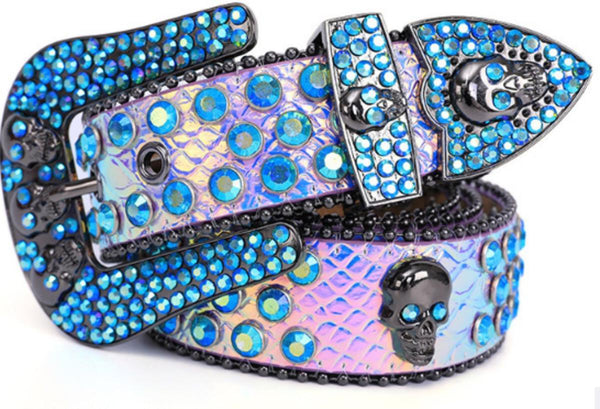 MEN PINK MULTI COLOR SKULL RHINESTONE BELT