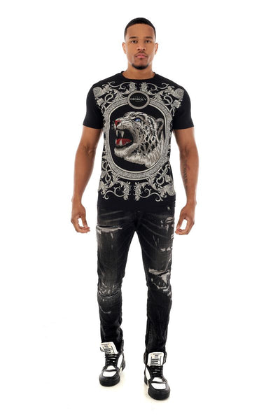 MEN GEORGE V BLACK SILVER WILD CAT GLITTERY TSHIRT