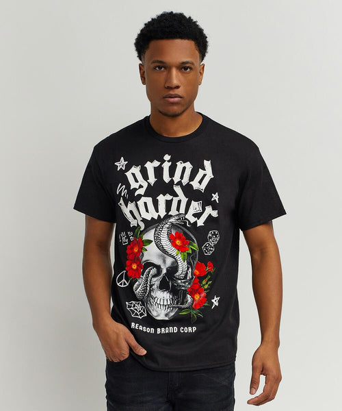 Men Black Reason Brand Grind Harder Tee