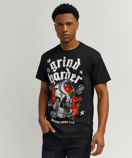 Men Black Reason Brand Grind Harder Tee