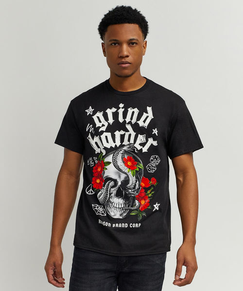 Men Black Reason Brand Grind Harder Tee