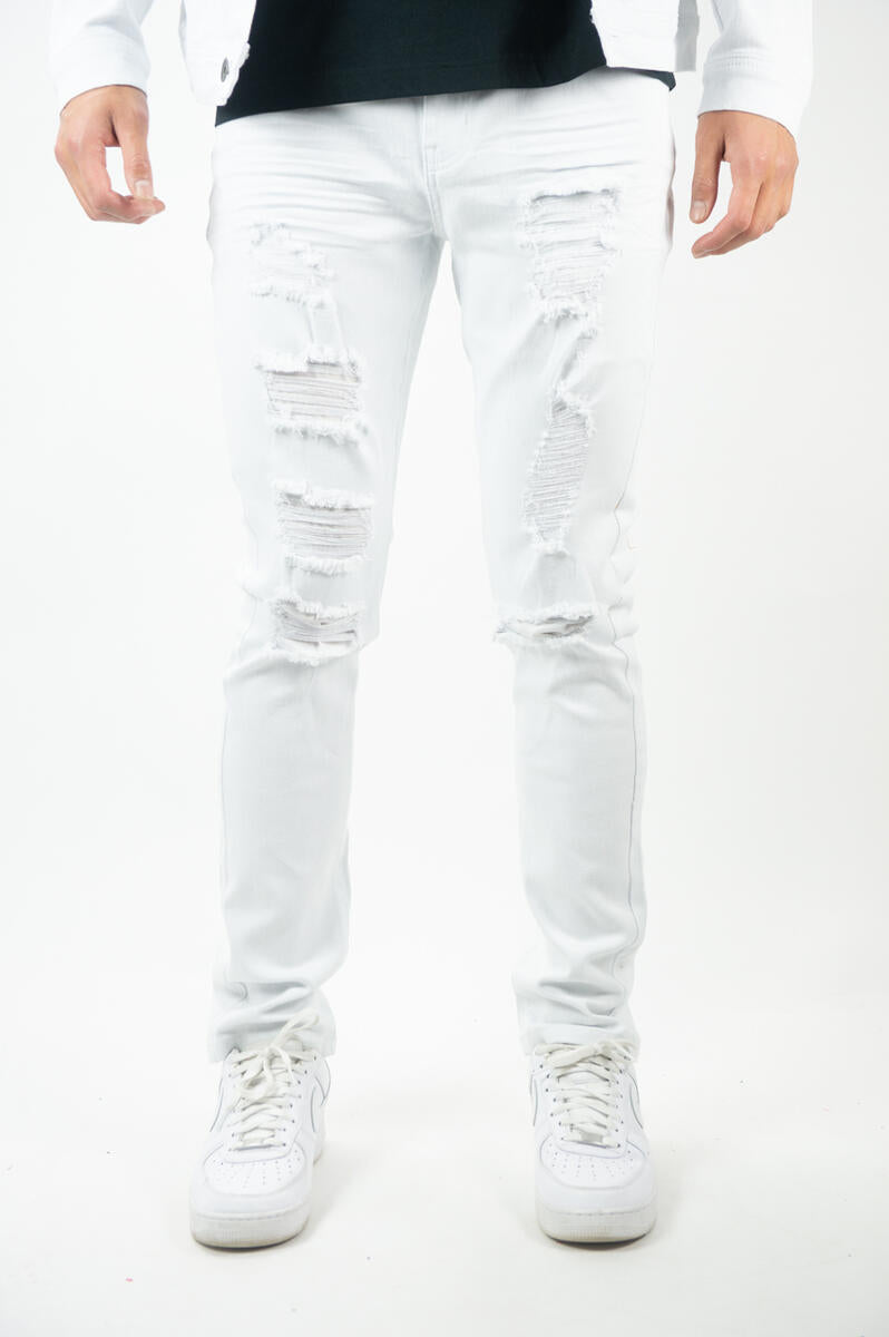 BIG MEN WHITE RIPPED & REPAIRED TWILL SLIM PANTS