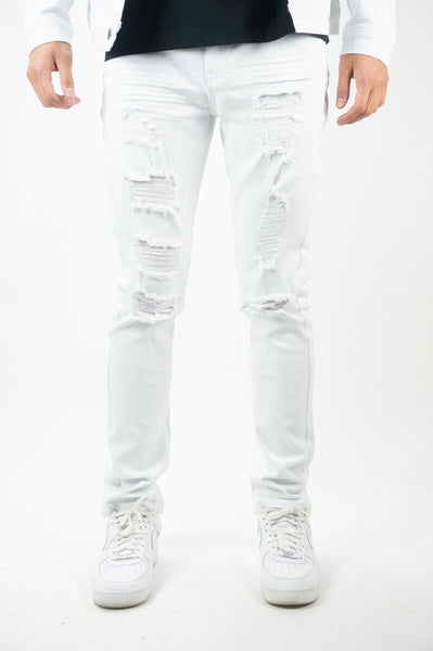 MEN WHITE RIPPED & REPAIRED TWILL SLIM PANTS