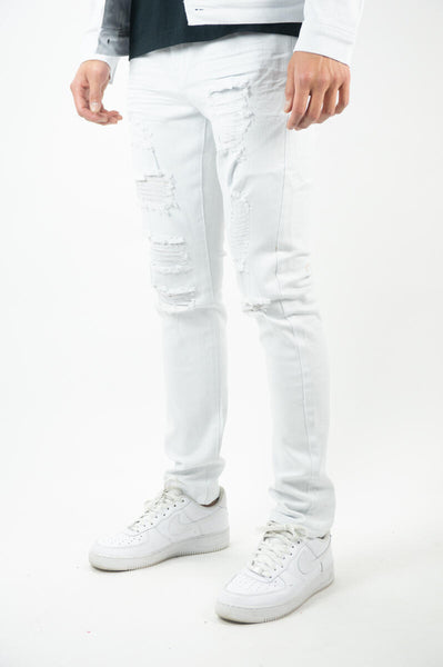 MEN WHITE RIPPED & REPAIRED TWILL SLIM PANTS