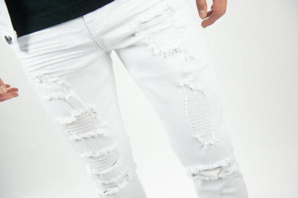 MEN WHITE RIPPED & REPAIRED TWILL SLIM PANTS