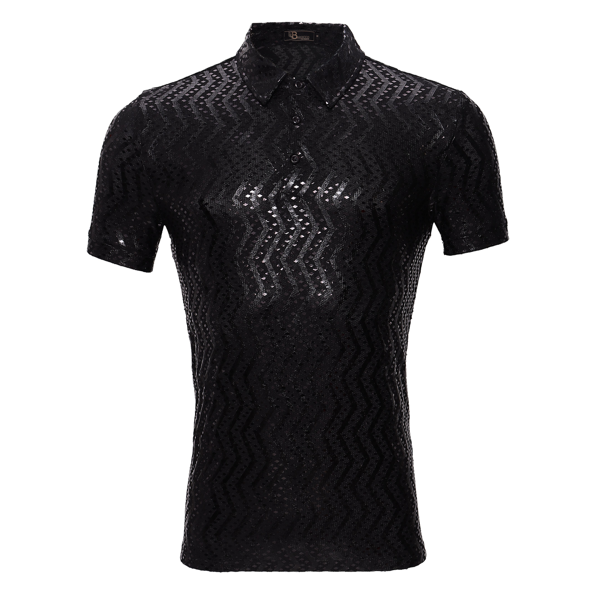 MEN BLACK GLITTERY ZIG ZAG DIAMOND BAROCCO POLO SHIRT