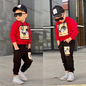 KIDS RED & BLACK COCK BOY 3 PCS PANT SET WITH HAT