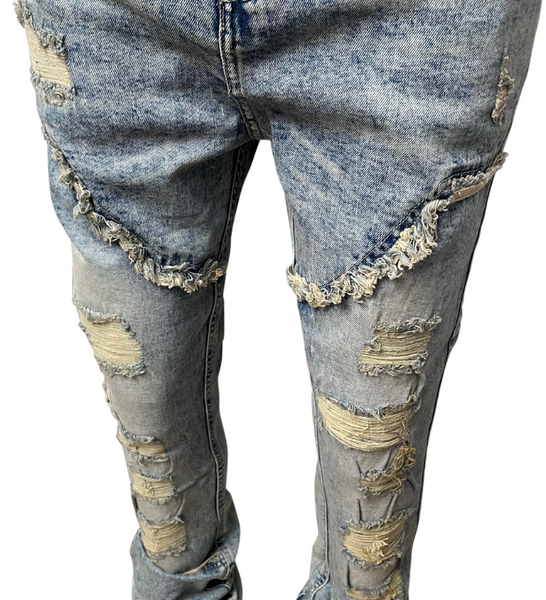 MEN GENUINE VINTAGE INDGO DAMAGED STACK JEANS