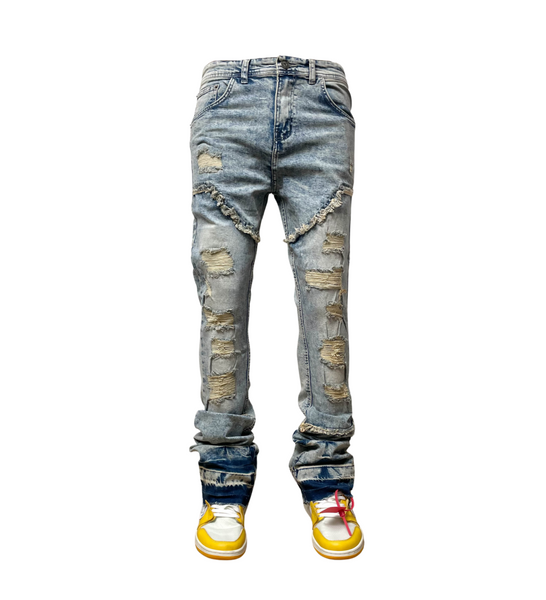 MEN GENUINE VINTAGE INDGO DAMAGED STACK JEANS