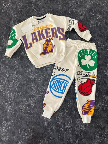 KIDS WHITE LAKERS BASKET LOGOS 2 PC PANT SET