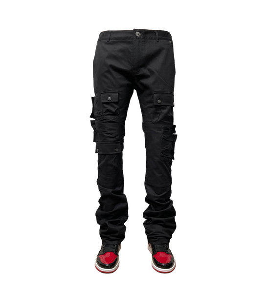 MEN GENUINE BLACK TWILL STACK MULTI CARGO PANTS