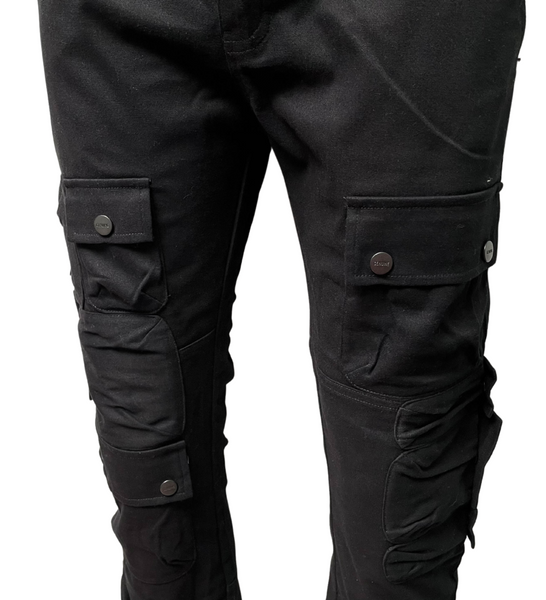 MEN GENUINE BLACK TWILL STACK MULTI CARGO PANTS