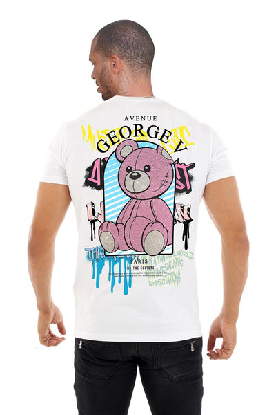 MEN WHITE GOREGE V PINK GRAFFITTI TEDDY BEAR TSHIRT