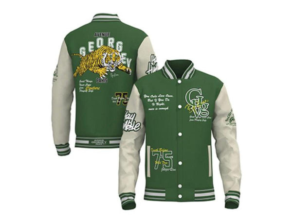 MEN GEORGE V RHINESTONE TIGER GREEN/ WHITE VARSITY JACKET