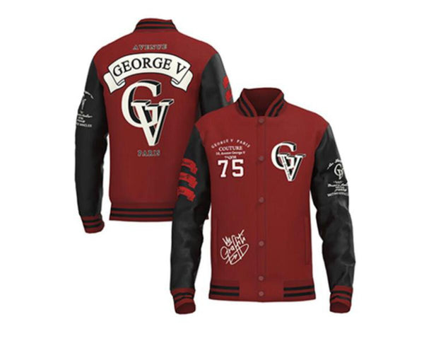 MEN GEORGE V RHINESTONE GV LOGO RED/ BLACK VARSITY JACKET