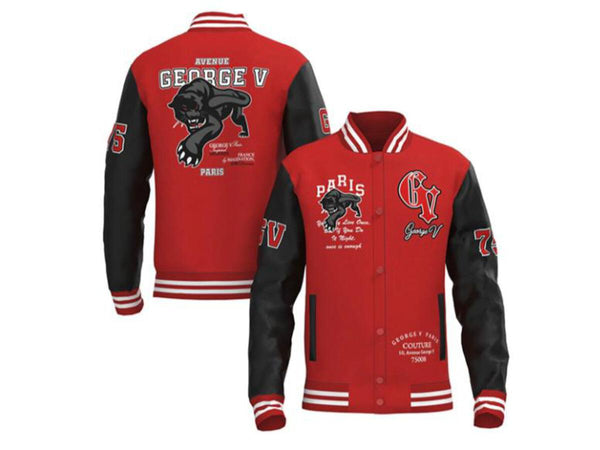 MEN GEORGE V RHINESTONE BLACK CAT RED/ BLACK VARSITY JACKET