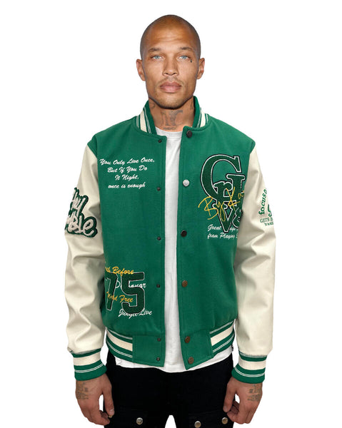 MEN GEORGE V RHINESTONE TIGER GREEN/ WHITE VARSITY JACKET