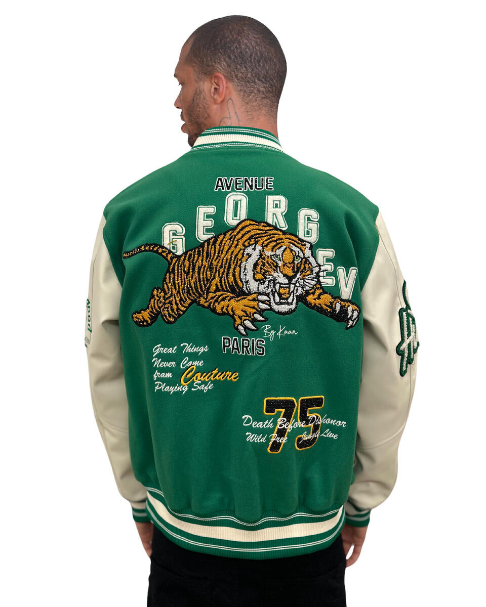 MEN GEORGE V RHINESTONE TIGER GREEN/ WHITE VARSITY JACKET